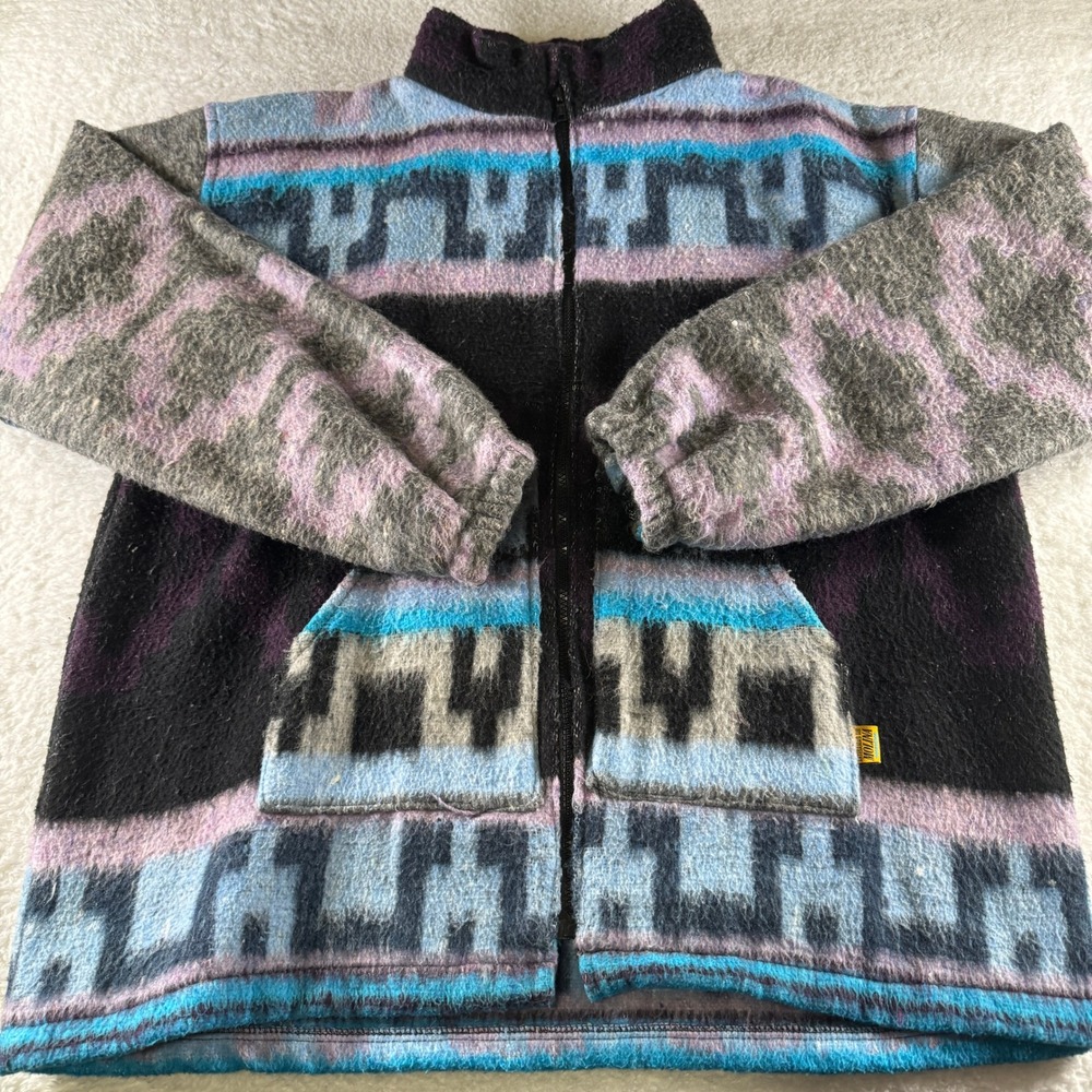 VTG Artesanias Molina Jacket‎ Men's XL Indian Drawing Mexican Sweater Aztec Blue